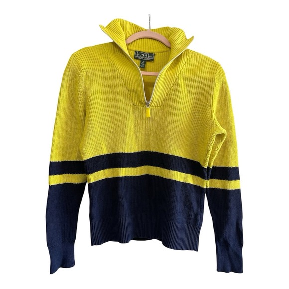 Lauren Ralph Lauren Sweaters - Lauren Ralph Lauren Active Sweater Womens MEDIUM Yellow Navy Cotton Knit 1/4 Zip